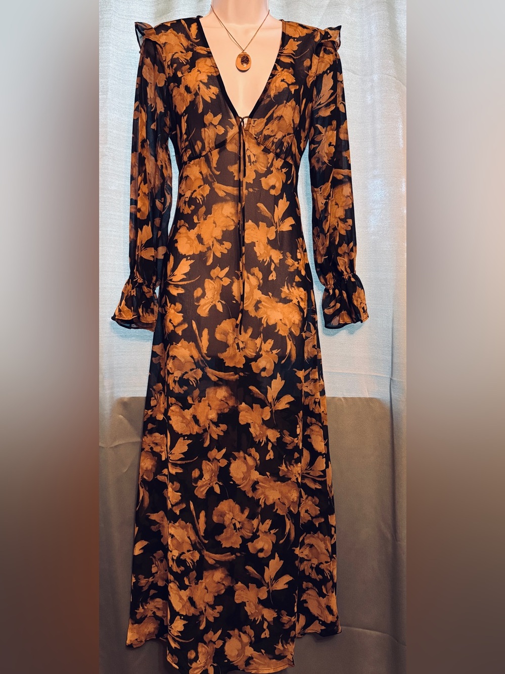 Festival Earthy Sheer Boho Maxi Dress & Vintage Lucite Pinecone Necklace Organic